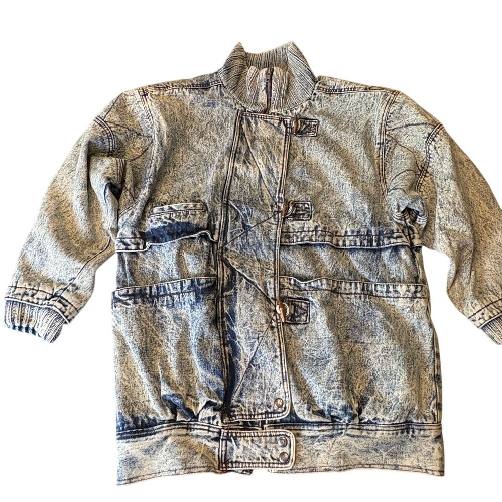 Andy Johns Vintage Acid Wash Denim Jacket M 80s/90s Heavy Shoulder Pads Bomber